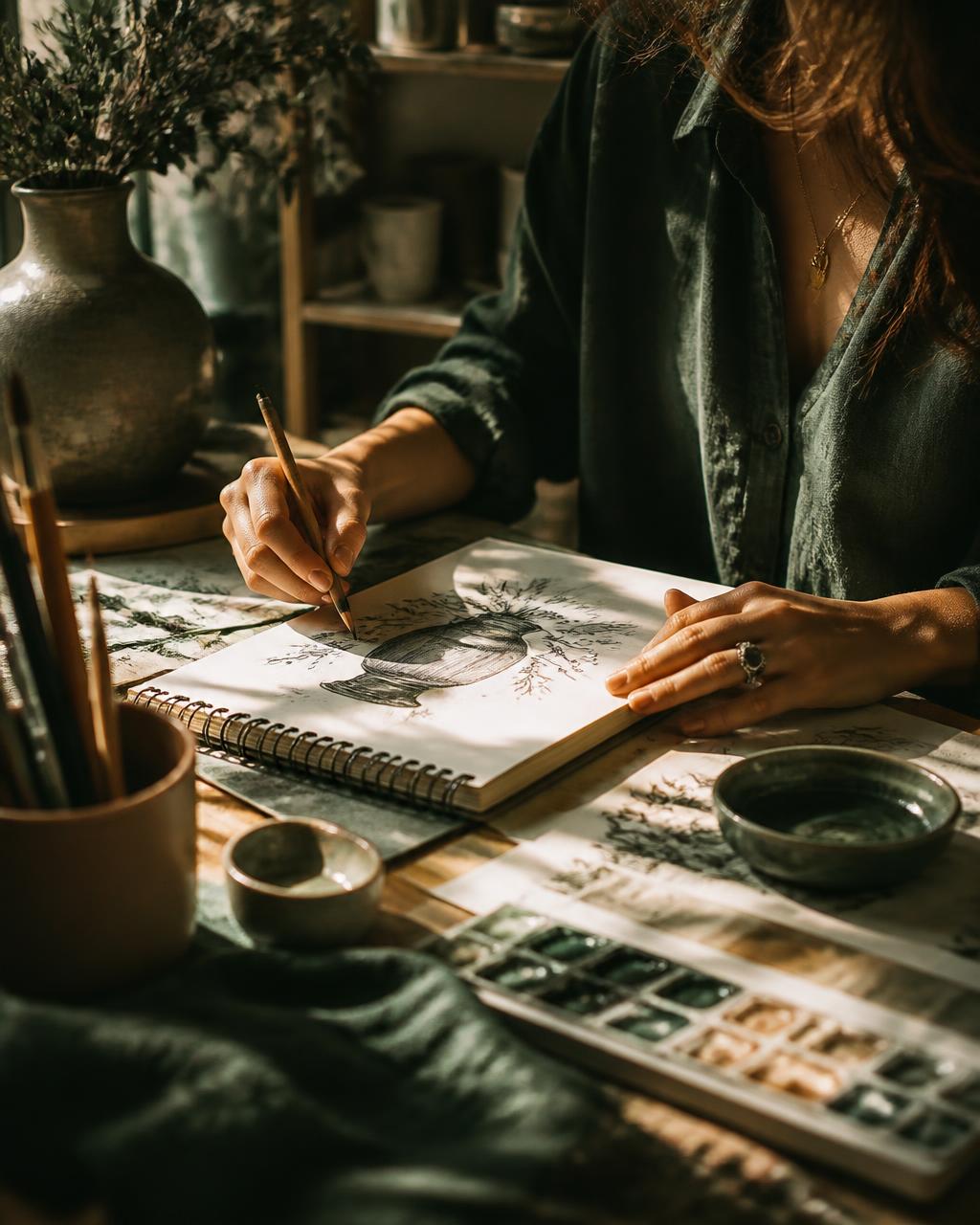 A creative sketching in a sunlit studio